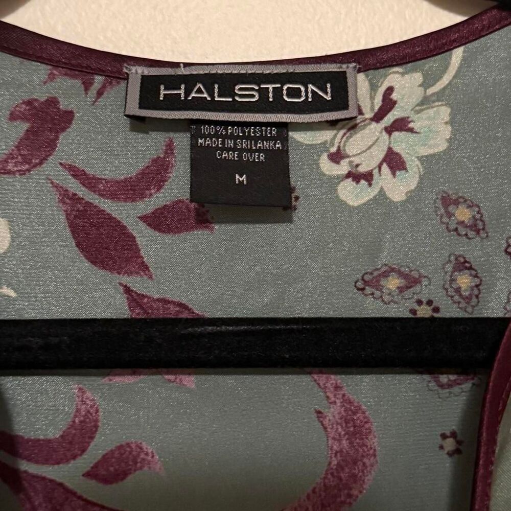 VTG Halston Satin Floral Caftan Maxi Dress | Sage Burgundy Y2K Boho Luxe sz M - Picture 6 of 9